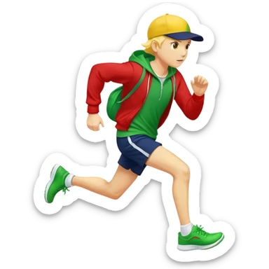 A yellow-skinned person running with a navy ballcap, red hoodie, white shorts, and green shoes sticker