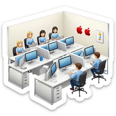 open-plan office with employees at computers, representing a small or medium business, Apple iOS style, soft lighting, glossy finish, white background sticker
