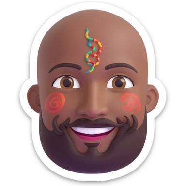 Oxumarê as a smiling 37-year-old bald man with very dark skin (2 shades darker), smooth oval head, indigenous facial features, mustache with circular beard only on chin (no hair on sides), a round mole on the right side below the lip, and a rainbow serpent wrapped around him, Memoji style sticker