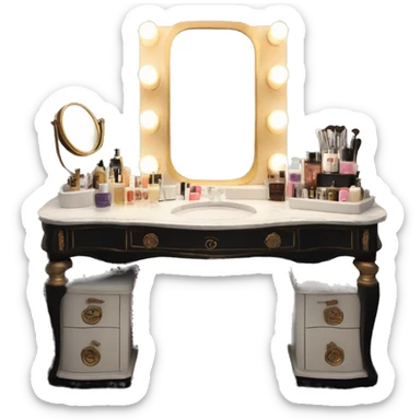 Antique Hollywood vanity with lights around mirror and black and white skincare laid out sticker