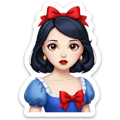 Cinematic Elegant Snow White Portrait Emoji, rendered in a realistic, vector-style with minimal shading and bold, simplified shapes. Depict Snow White (chest and above) with flawless porcelain skin, expressive deep brown eyes, and lustrous raven hair neatly styled with a red bow, wearing her classic blue and gold dress. The image glows with a soft, pure radiance and high shine, capturing timeless beauty and gentle grace. sticker