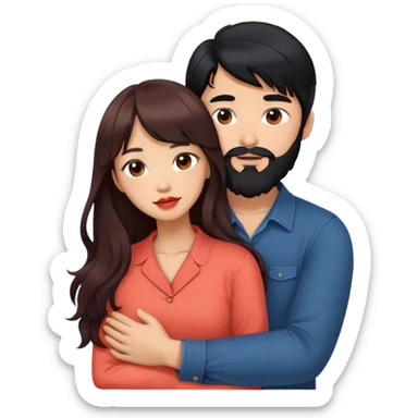 cool asian man with long black hair and beard, hugging cute tan skin woman with long wavy reddish brown hair with bangs and coral lipstick sticker