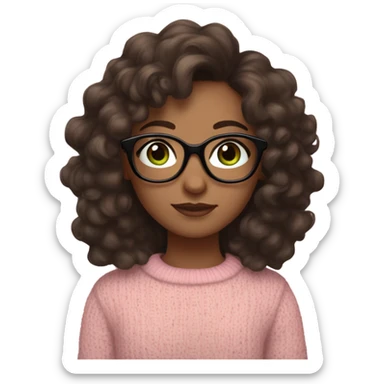 Girl with long curly brown hair, long eyelashes and brown eyes with a bit of green, big square black glasses with a pastel pink sweater sticker