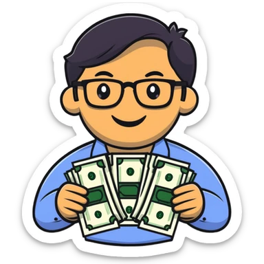 Indian finance bro with glasses, smiling, holding a stack of money, cartoon sticker sticker