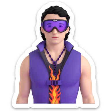 male athlete with white skin and moderately curly black hair on top with shaved sides, wearing ski goggles with purple frames and very dark black lenses, a simple plain black chain necklace, and a completely unzipped sleeveless vest with purple and black sequin fire pattern design with no logo or brand emblem, fully revealing his chest, shoulders and arms, no earrings sticker