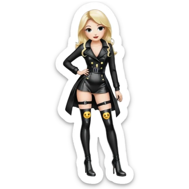 Create an female emoji with stockings and garter belt wearing a shiny wetlook coat and shiny high heel boot that go below the knee the boots should not go over the knee, the boots should have a very high and thin heel, garter belts should hold the stockings sticker