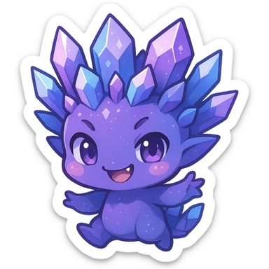 kawaii chibi style crystal sprite creature in purple, blue, and pink with a mischievous expression and playful smile sticker