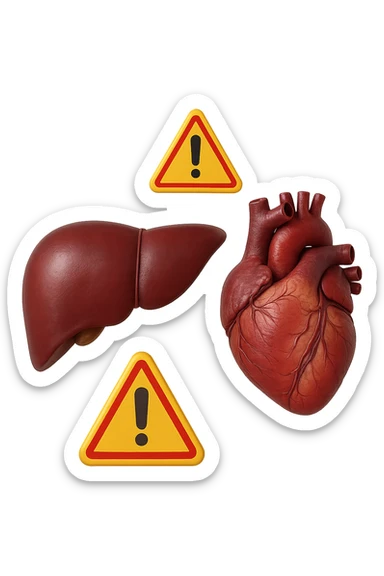 emoji stile iphone di fegato e cuore anatomici realistici in 3d che fluttuano in aria insieme a segnali di pericolo, FALLO MOLTO REALISTICO IN 3D sticker