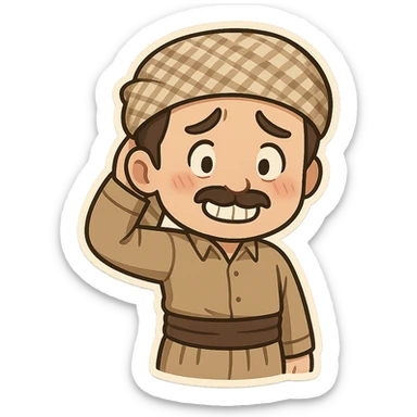 Kurdish man or woman in jamadani, cartoon style, feeling embarrassed, scratching head or looking away, awkward smile, no text sticker