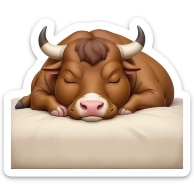 meme-worthy-cute-sleeping-domestic-bull-portrait-emoji,-head-resting-peacefully-with-a-contented-smile,-showcasing-a-robust,-muscular-build-and-a-luxuriously-soft-coat,-eyes-gently-closed-in-serene,-restful-slumber,-simplified,-solid-brown sticker