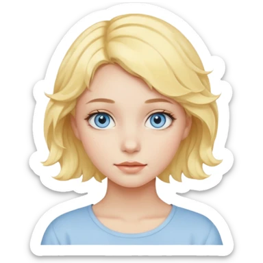 a girl with blue eyes, short pastel yellow wavy hair, natural clean girl makeup sticker