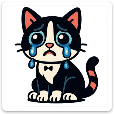 crying tuxedo cat with big teary eyes, sitting, vibrant toon style sticker