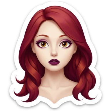A young woman with long, deep red hair and smooth porcelain skin. She has large, expressive eyes accentuated by winged eyeliner and warm-toned eyeshadow. Her full lips are painted with deep plum lipstick. realistic style, high detail. sticker