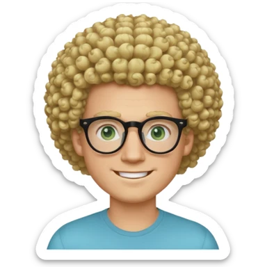 white guy with curly blonde afro and light blue ish green eyes with black glasses  sticker