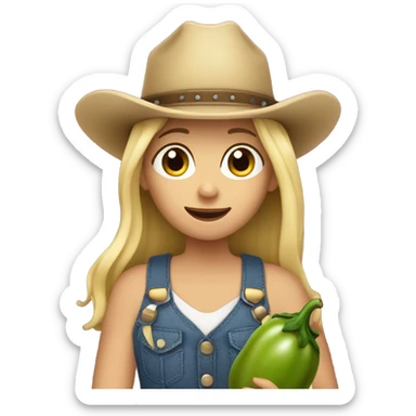 Blonde girl with cow-boy hat on eating eggplant sticker