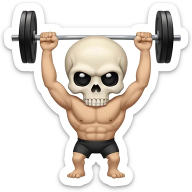 cartoon-style emoji of a white skull with black eye sockets, holding a heavy barbell with its hands, large weights on each side, confident and intense expression, clean lines, bold colors, simple or transparent background, stylized like an emoji sticker