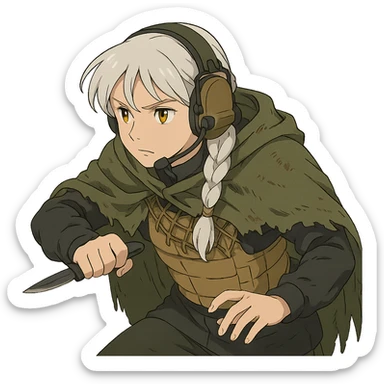 1 female, mid 20's, white hair in a long braid, gold yellow eyes, adorned in a black long sleeve shirt, tan body armor and a worn olive-green cloak with netting holding it together. She wears a COMTAC headset. she is hunched slightly, stealthily, focused on her target, holding a small combat blade at the ready sticker