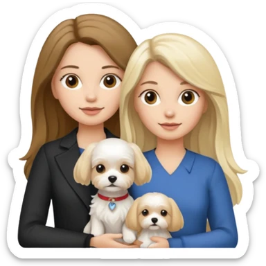two women are holding only one Maltese dog. one woman is brunette the other woman is blonde long haired  sticker