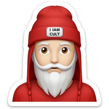 Red hat that says "I AM IN A CULT" in white text sticker