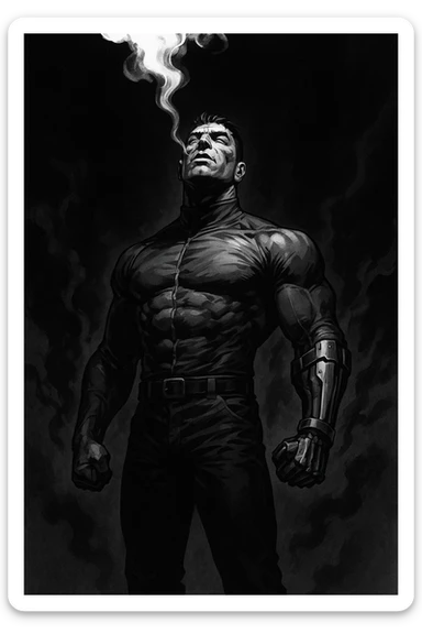 Black and white comic book panel of an extremely muscular Italian man with cybernetic implants standing in the dark, surrounded by smoke. He is wearing a long-sleeved shirt with a high collar, and his chest is sculpted. sticker