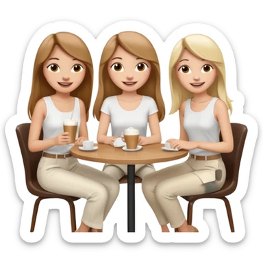 "Cartoon emoji of a girl with long, straight light brown hair, fair skin, brown eyes. Wearing a stylish white top and chic pants. Sitting at a café table, laughing and smiling, full of joy. Next to her, two friends: one blonde, one with black hair, one with brown hair. Smooth, simple, stylized sticker