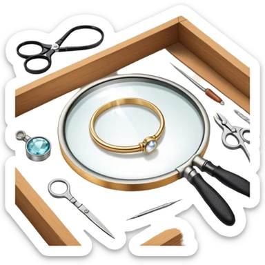 Create an icon that represents the art of jewelry making. The design should feature 1-2 pieces of jewelry, such as a ring or necklace, in progress. Include a small workbench or table, a magnifying glass, and tools like pliers and tweezers. The composition should feel elegant and detailed, showcasing the precision and skill involved in crafting jewelry. The background should be transparent. sticker