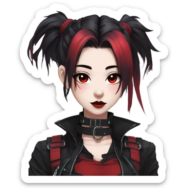 Gorgeous gothic dark techwear anime style lady with blushing face aesthetic and pretty edgy black red punk messy ponytail hair with collar and harness trending style sticker