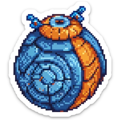 Blue digital bomb with curly blue fuse on top, round bomb body with blue highlights and details, pixel art style sticker