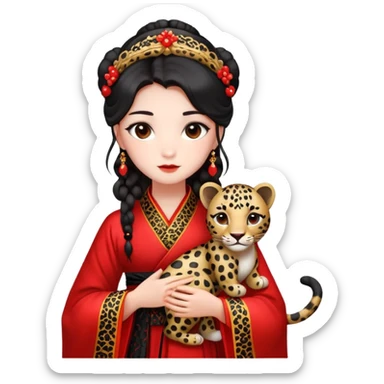 A beautiful girl in red Hanfu wedding dress is holding a black leopard sticker