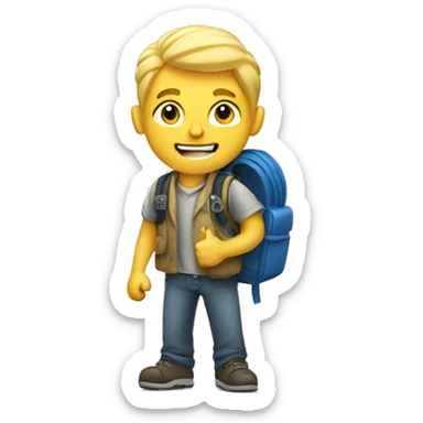 blond man with backpack shows thumbs up sticker