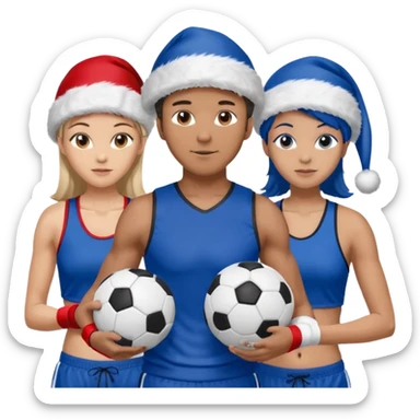crie a imagem de 3 atletas, um homem no meio e duas mulheres, de modalidades esportivas diferentes, usando elementos esportivos, como por exemplo bola de futebol, luvas de luta e bola de vôlei... e usando um chápeu de papai noel das cores verde e azul e roupas azul sticker