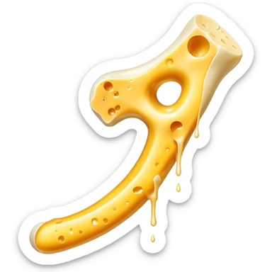 Shredded cheese emitting ethereal golden glow toward a femur bone that shows a healing process with bright golden spots. A luminous K2 vitamin symbol floats nearby, directing the healing energy from the cheese to the specific healing points on the bone. sticker