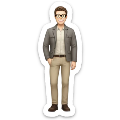 Joyful Full height Pale skinned Fit Man With dark brown hair in gray jacket, beige office shirt, Brown pants and vintage glasses. His thrumbs up sticker