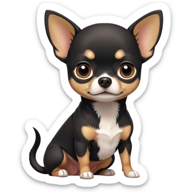 Cinematic Noble Black Tri Short Haired Chihuahua Portrait Emoji, Poised and regal, with a compact, muscular build and a striking black tri-color coat with hints of white and tan, deep-set soulful dark eyes, Simplified yet sharp and sophisticated features, highly detailed, glowing with a soft, dignified glow, high shine, intelligent and loyal, stylized with an air of strength, focused and attentive, soft glowing outline, capturing the essence of a watchful and confident guardian, so majestic it feels as though it could step out of the screen with effortless authority! sticker