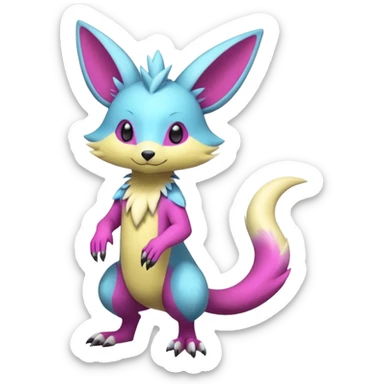 Shiny smooth realistic silky soft Cyan-Yellowish-Magenta Minccino-Zeraora-Emolga-Vernid-Sergal-fusion-hybrid-animal-creature, full body sticker