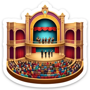 An icon depicting a theater stage with actors performing a play, illuminated by dramatic lighting. The audience watches from colorful balconies, while an orchestra plays in the pit, creating an immersive atmosphere. transparent background. sticker