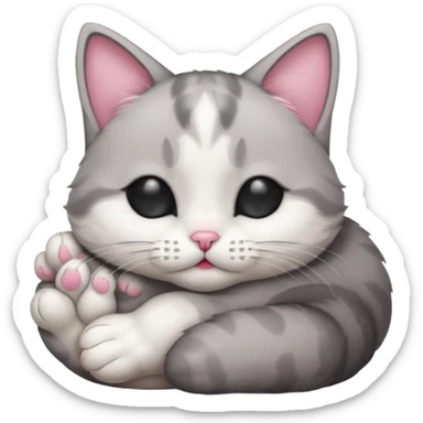 grey and white small cat with its eyes closed lying down with its head resting own paw sticker