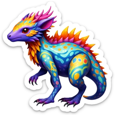 a colorful edgy vernid-fionbri-creature with splash patterns full body.  sticker