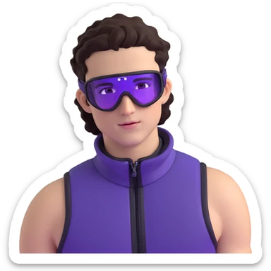 close-up of male athlete with white skin and moderately curly dark brown hair on top with shaved sides, wearing ski goggles with purple frames and very dark black lenses, a simple plain black chain necklace, and a completely unzipped sleeveless vest with purple and black sequin fire pattern design with no logo, with an arrogant smug smirk on his face, looking confident and cocky sticker