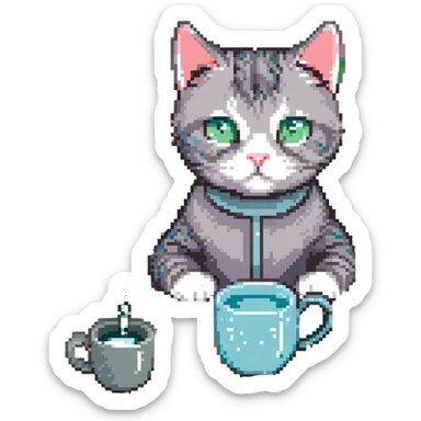 A gray striped cat sitting at a table drinking water from a mug sticker
