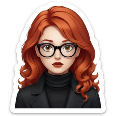 Nữ 25 tuổi, da trắng, tóc dài xoăn nhẹ màu đỏ, đeo kính màu đen, lông mi dài, trang điểm khá đậm, áo khoác cổ cao màu đen, áo trong màu trắng, mặt ngầu, phong cách sành điệu sticker