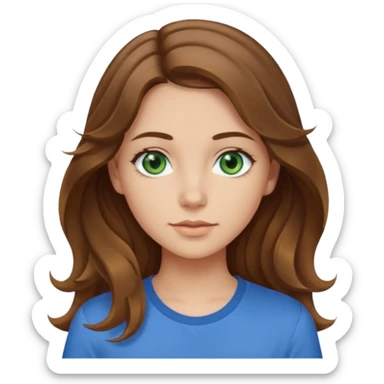 girl with brown hair, green eyes with a blue shirt no background ,young with wavy hair long brown hair with tiny blonde highlights sticker