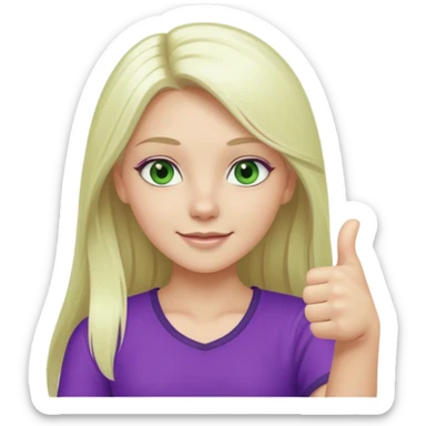 Long platinum blonde hair girl with green eyes in purple top with thumbs up  sticker