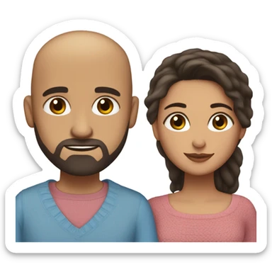 Comforting hug from brunette Puerto Rican with dark brown eyes wearing a cute blue top to short, bald man with brown eyes and a beard wearing a sweater sticker