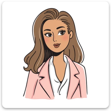 A 30-year-old woman with tanned skin, light brown long wavy hair with curled ends, delicate face, almond-shaped eyes with smoky foxy eye makeup, brown eyes, wearing a light pink elegant blazer and white satin cowl neck blouse with thin straps sticker