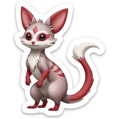 Minccino-Lykoi-Emolga-Pachirisu-Zangoose-fusion-hybrid-animal-Fakémon-creature, full body, thin long sleek scaly tail, intricate markings sticker