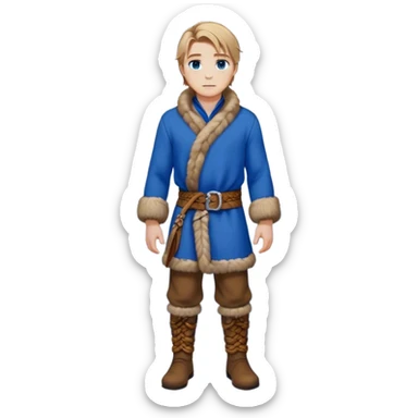 Medieval winter outfit worn by a DnD themed fantasy male character. Double-thick russet wool tunic with mink fur trim, featuring carved wooden toggles and a wide braided leather belt. Clothes only above the waist, full waist coverage. The character has no arms. Character is white-skinned with dark blonde hair, sapphire blue eyes, and medium-length straight hair touched by winter frost. sticker