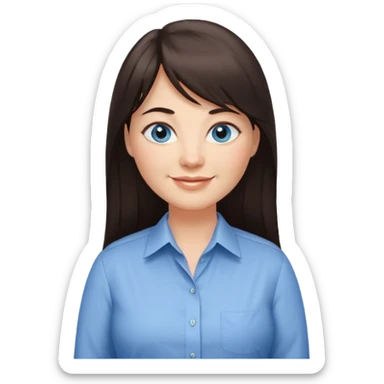 40 yr old woman, blue eyes, long straight dark brown hair, business shirt, chubby, bangs, long hair sticker