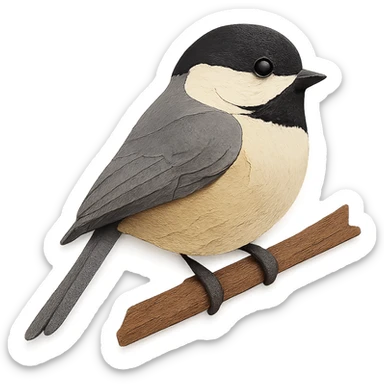 close-up of a Carolina Chickadee perched on a tree branch, fine paper edges, gray back, white cheeks, buff flanks sticker