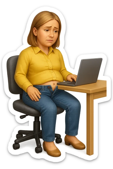 emoji stile iphone di una donna seduta alla scrivania dell'ufficio con i pantaloni sbottonati perché ha la pancia gonfia, falla a corpo intero, iperrealistico 4k sticker
